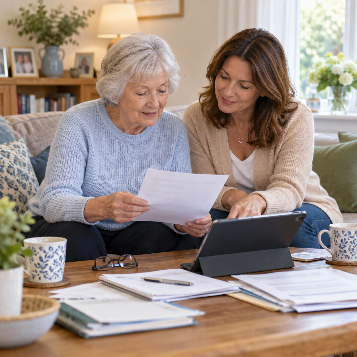 Older woman reviewing important documents with her adult daughter at home