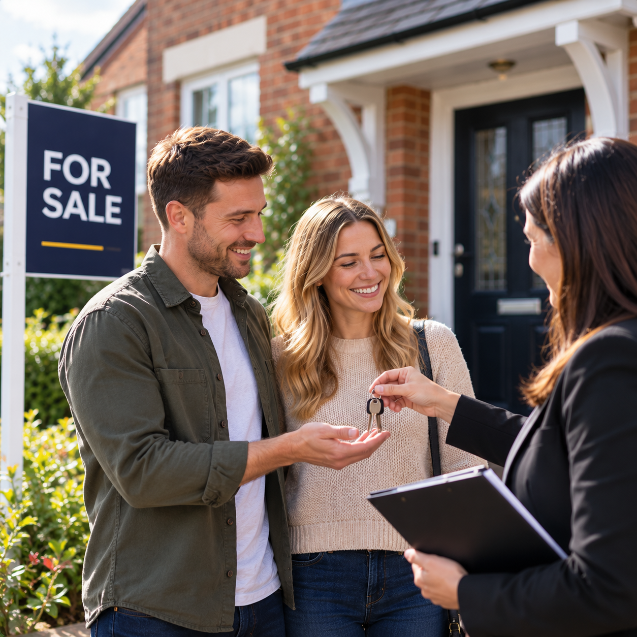 Couple receiving the keys to a new home outside a UK property