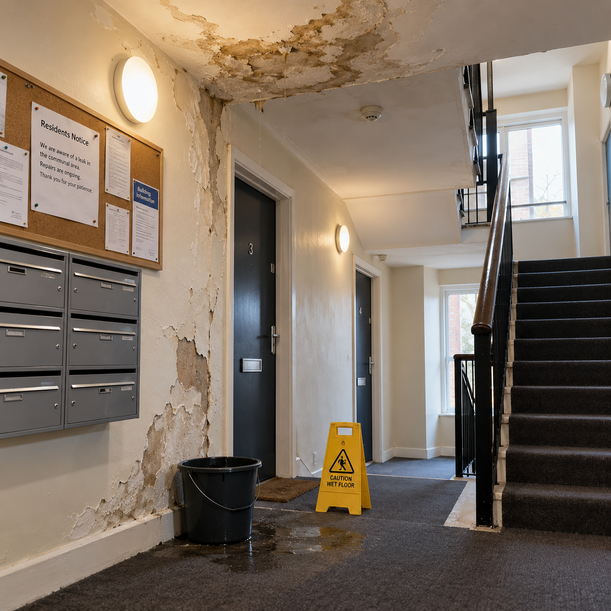Water damage and disrepair in a communal area of a leasehold apartment building
